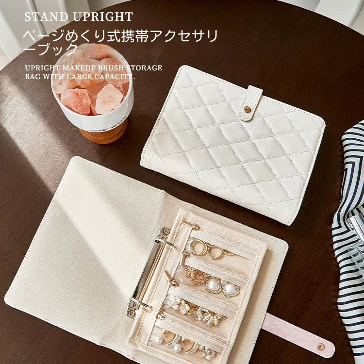 キルティング リング式ジュエリー収納バッグ 取り外し可能 旅行用 アクセサリー酸化防止収納ブック